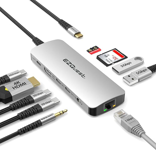 EZQuest USB-C Hub Docking Station 10 in 1 with 4K HDMI 60Hz, 1 GBS Ethernet, 2 USB C Gen 2 10Gbs, 1 PD 3.0, 2 USB-A 3.0, Audio Ports, SD/Micro SD, Compatible with USB Type C/Thunderbolt Computers
