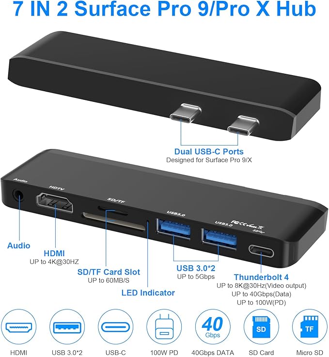 Surface Pro 9 Accessories, Surface Pro 9 Docking Station with 4K HDMI, USB-C Thunderbolt 4 (8K@30Hz Display+40G Data+100W Power), 2 USB 3.0, 3.5mm Audio, SD/TF Card Slot for Surface Pro 9/10/11/X