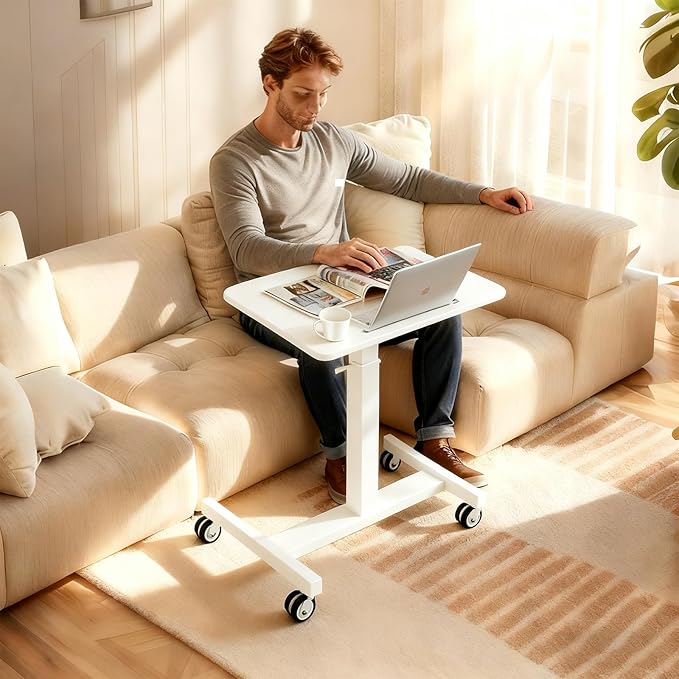 Mobile Standing Desk,Height Adjustable Home Office Desk with Wheels&Cup Holder,Hand Crank Sit Stand Desk and Laptop Cart,Computer Workstation for Home Office Classroom Hospital (Manual White)