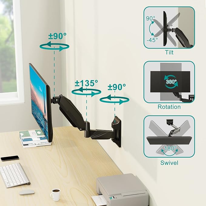 MOUNT PRO Monitor Wall Mount for 13 to 32 Inch Computer Screens, Single Monitor Mount with Tilt/Swivel/Rotation Adjustable, Gas Spring Wall Arm Holds up to 17.6lbs, Vesa Wall Mount 100x100 (Pack of 2)