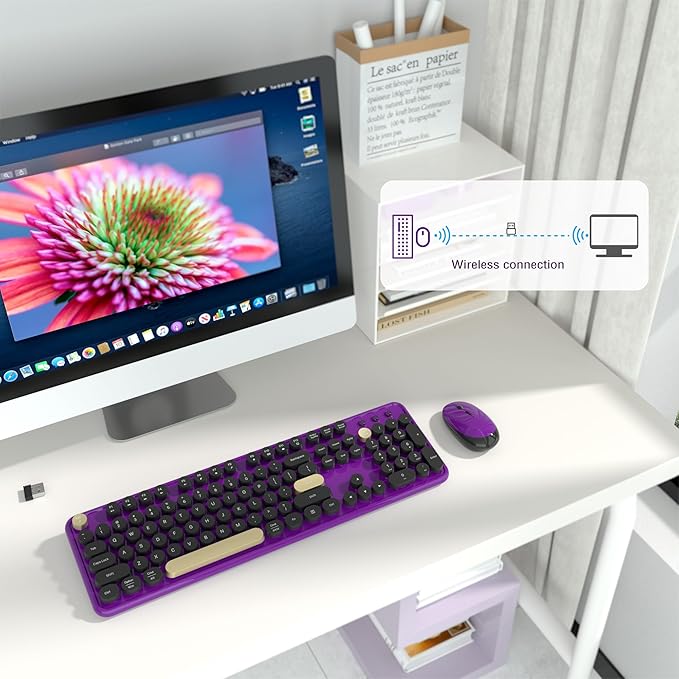 Wireless Keyboard and Mouse Combos, Retro Keyboard and Mouse Wireless Full Size, 2.4Ghz Connection and Optical Mouse for Windows, Mac, PC, Laptop for Home and Office (Purple-Black)