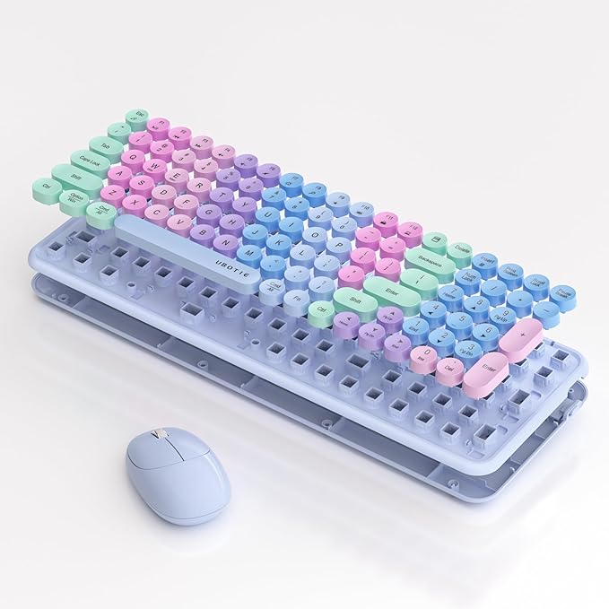 Wireless Keyboards and Mouse Combos, UBOTIE Colorful Gradient Rainbow Color Retro Typewriter Flexible Keyboard, 2.4GHz Connection and Optical Mouse(Purple Rainbow)