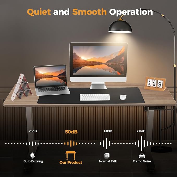 Standing Desk Adjustable Height, 48'' x 24'' Electric Sit Stand Desk for Home Office, Modern Rising Sturdy Ergonomic Workstation with Hooks and Wheels, Oak Grey