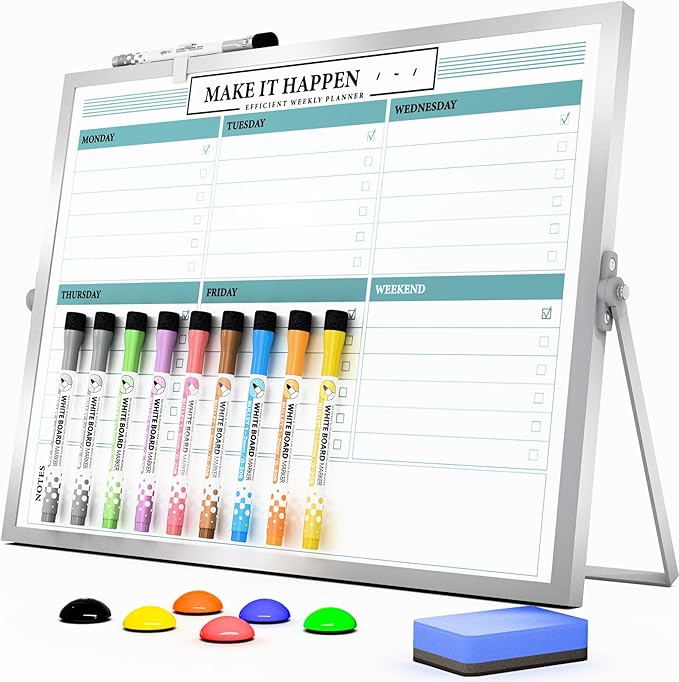 Dry Erase White Board with Stand,Double-Sided Weekly Whiteboard 16"x12",10 Markers,6 Magnets,1 Eraser,Portable Desktop Whiteboard for Planning,Weekly Schedule Board for Office
