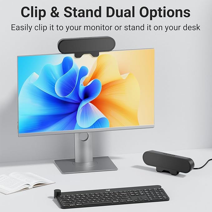 Monitor Speakers, Computer Speakers for Desktop PC, USB Speaker with Integrated USB A Type C Connector, Easily Clamp to Monitors, 10W(Black)