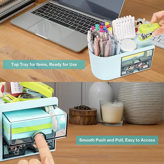 Desk Organizer with Drawer, Pen Organizer for Desk, Small Pencil Holder, Desk Organizers and Accessories for Office Home Storage (2 Drawers+4 Compartments, Blue)