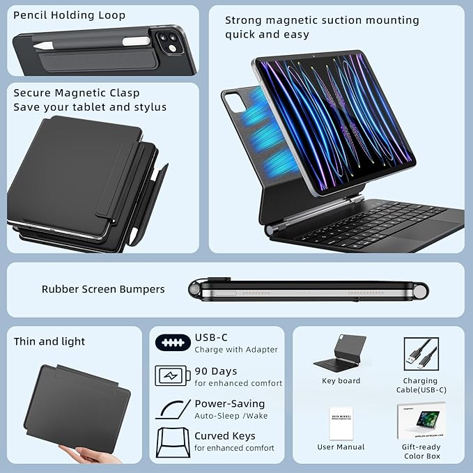 for iPad Air 11 inch Case with Keyboard (M4/M3/M2, 2026/2025/2024), iPad Pro 11 (4th/3rd/2nd/1st Gen) & Air 5/4th Magic Keyboard Case, 11 Colors Backlit, Multi-Touch Trackpad, Black