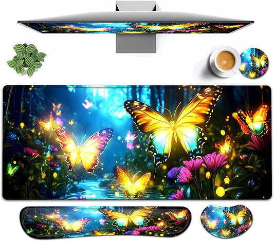 Large Mouse pad and Keyboard Support Set, Ergonomic Memory Foam Keyboard Wrist Rest, Extended Gaming Mouse Pad with Stitched Edges, Neon Butterfly XXL Desk Mat (31.5 X 11.8 in)