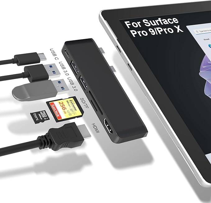 Surface Pro 9/10/11/X Accessories, Surface Pro 9 USB Hub Docking Station with 4K HDMI, USB-C Thunerbolt 4 (Display+Data+PD Charging), 2 USB 3.0, SD/TF Card Reader for Surface Pro 9/Pro10/Pro11/ProX