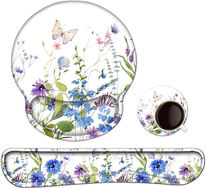 Keyboard Wrist Rest, Ergonomic Mouse Pad Wrist Support, Memory Foam Wrist Rest, Anti-Slip Base,Weeds Mousepad with Coaster for Computer Keyboard Office Home, Beautiful Floral White