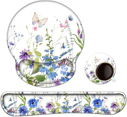 Keyboard Wrist Rest, Ergonomic Mouse Pad Wrist Support, Memory Foam Wrist Rest, Anti-Slip Base,Weeds Mousepad with Coaster for Computer Keyboard Office Home, Beautiful Floral White