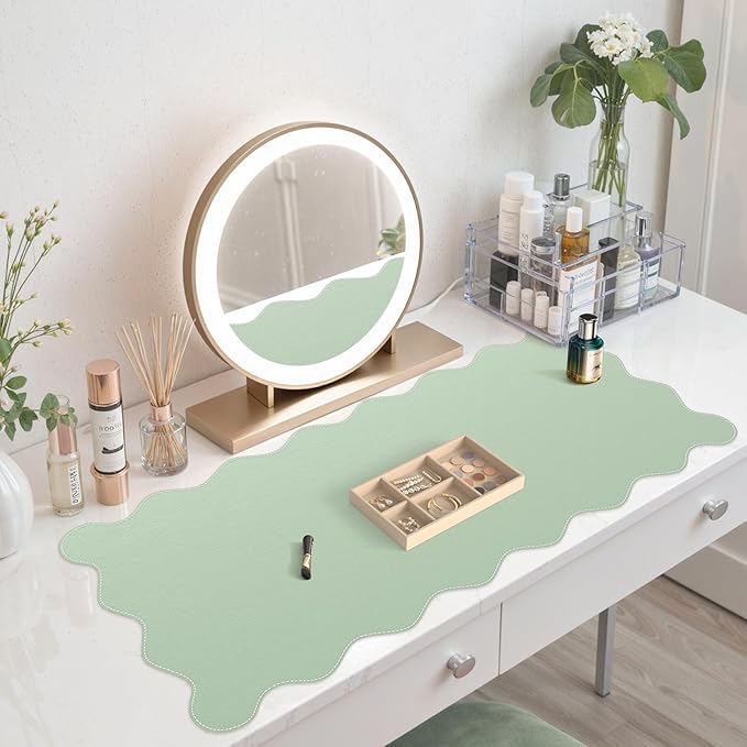 iCasso Leather Desk Pad,Extra Large Mouse Pad for Laptop,Cute Scalloped Nail Table Mat for Women Girl,Non-Slip Keyboard Mat Green,Waterproof PU Desk Cover Mat for Office Home Dorm Travel