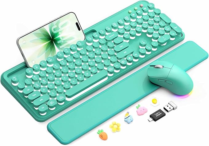 Wireless Keyboard and Mouse Combo - Backlit Typewriter Keyboard with Magnetic Wrist Rest & Phone Holder, Light Up Round Keycaps, 2.4GHz Cordless Set for Mac, Windows, PC, Laptop, SABLUTE