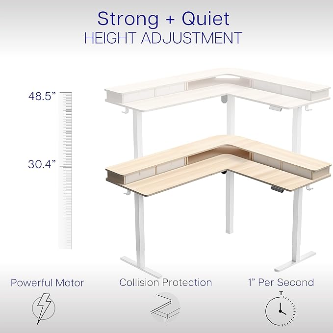VIVO Electric 2-Tier Corner L-Shaped 63 x 55 inch Standing Desk, Height Adjustable, Memory Controller, Light Wood Top White Frame, Light Gray Drawers, DESK-E3CVC