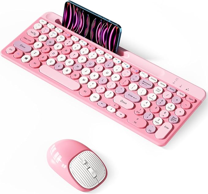 Bluetooth Keyboard and Mouse Wireless, Multi-Device Rechargeable Keyboard and Mouse Combo with Phone Holder (Bluetooth 5.0+3.0+2.4GHz) Quiet Ergonomic Compatible with Mac/Windows/iOS/Android