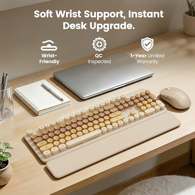 Wireless Keyboard and Mouse Combo, Magnetic Soft-Touch Wrist Rest, Round Keycaps, Full-Size Retro Typewriter Keyboard, 2-Stage Tilt Legs, Auto Sleep, 2.4GHz Cordless for Windows PC, Beige-Brown Ombre