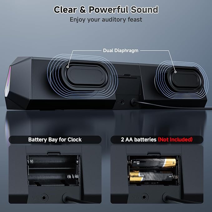 SOULION R80 Bluetooth Computer Speakers, USB Plug & Play PC Speakers with Digital Clock Display, Clear Sound Soundbar with Colorful LED Lights for Desktop Monitor Laptop (USB Adapter Included)
