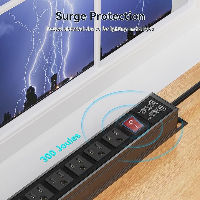 Heavy Duty Power Strip,8 Outlet Metal Power Strip Wall Mount, 1.6 inch Wide Spaced Industrial Surge Protector, Garage Power Strip for Shop Workshop Power Strip with Switch & 6 FT Extension Cord, 300J