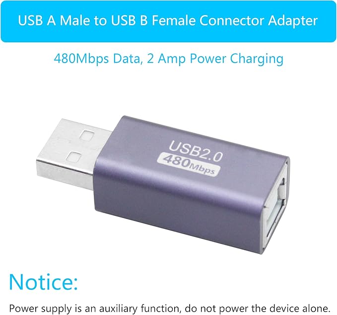 USB 2.0 B Type Connector Adapter, USB A Male to USB B (MIDI) Female Power and Data Extension Adapter, Aluminum Alloy Housing, for Electronic Piano, Printer, Scanner etc, 2Pcs