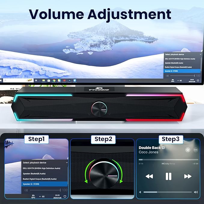 Computer Speakers PC Sound Bar with Stereo Sound, Flowing LED & Push-Button Control Computer Speaker for Desktop Laptop Monitor, USB Input Black
