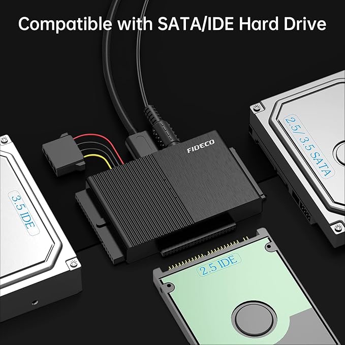 FIDECO USB 3.0 to SATA or IDE Adapter, Hard Drive Adapter Cable Universal for 2.5/3.5 inch SATA HDD/SSD & IDE HDD with 12V Power Adapter