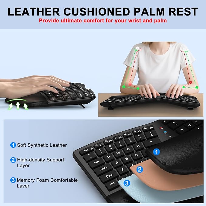 Ergonomic Wireless Keyboard Mouse, Wave Key Bluetooth/2.4G Split Design Ergo Keyboard Mouse Combo with Cushioned Palm Rest, Multi-Device, Rechargeable, for Multi-OS, Windows/Mac/Android