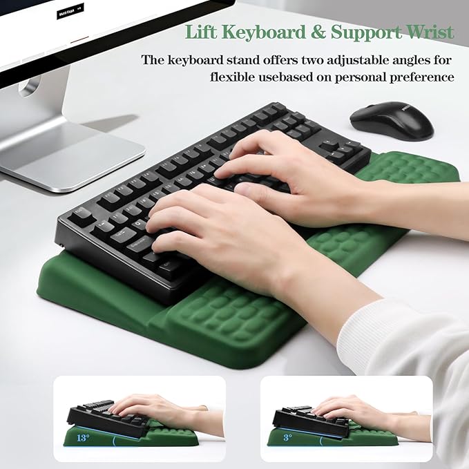 Keyboard Stand with Wrist Rest, Computer Wrist Support Pad, Ergonomic Comfy Tilted Keyboard Holder Lift Tray with Wrist Pad, Soft Memory Foam Desk Cushion for Office Home (Green)