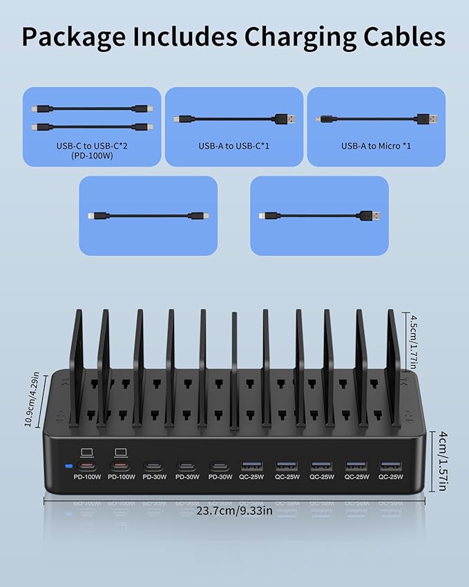 580W Charging Station for Multiple Devices, 10-Port USB C Fast Charger Station, Dual PD 100W Charging Dock with Adjustable Dividers & 6 Cables-Device Organizer for Laptop MacBook, iPhone, iPad