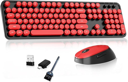 Wireless Keyboard and Mouse, COOFUN Retro Typewriter Keyboard with Round Keycaps, Full-Size Ergonomic, Ideal for Windows PC, Home, Office, and College Black and Red