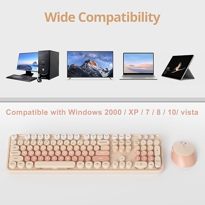 Cute Keyboard and Mouse Combo Wireless, 2.4G Full Size 104-Key Retro Typewriter Keyboards Round Keys for Students Teenagers Home Office PC Laptop(Diary Milk Tea)