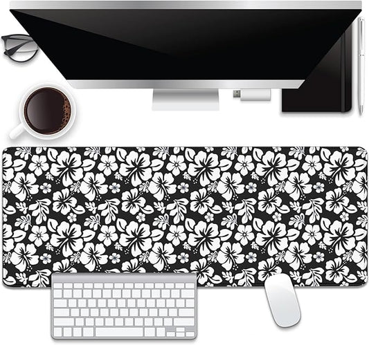 Black and White Flowers Desk Pad Mouse Pad,Large XL Floral Mouse Mat with Stitched Edges for Gift,Non-Slip Rubber Base Mousepad for Office PC Keyboard Laptop and Home Work Desk Mat(31.5X11.8 in)