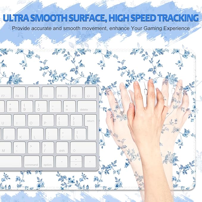 Mouse Pad, Cute Cool XXL Large Desk Mat for Desk Cover, Anti-Slip Big Mousepad with Stitched Edges, Keyboard Mat for Computer Desktop Table Protector I Delicate Blue Blossom