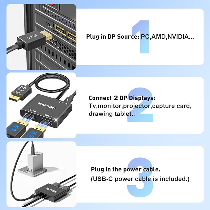 4K@60Hz DisplayPort to Dual DisplayPort Splitter Adapter, Display Port Splitter for Dual Monitors, DP 1.4 Splitter 1 in 2 Out, Displayport MST Hub for PC, Graphics Card, NVIDIA, AMD