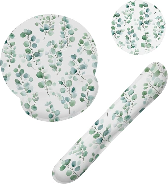 Eucalyptus Leaf Boho Ergonomic Wrist Support Keyboard Mouse Wrist Rest Set, Computer Office Comfortable Wrist Rest for Mouse Easy Typing