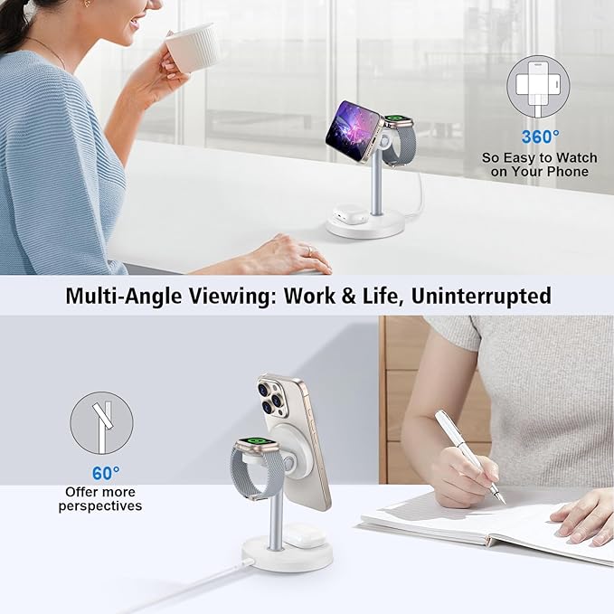 3 in 1 Magnetic Wireless Charging Station, 15W Fast Charger Stand for iPhone, Phone Charger Stand for Desk Nightstand, Compatible with iPhone 17/16/15/14, Apple Watch & AirPods, Adapter Not Included