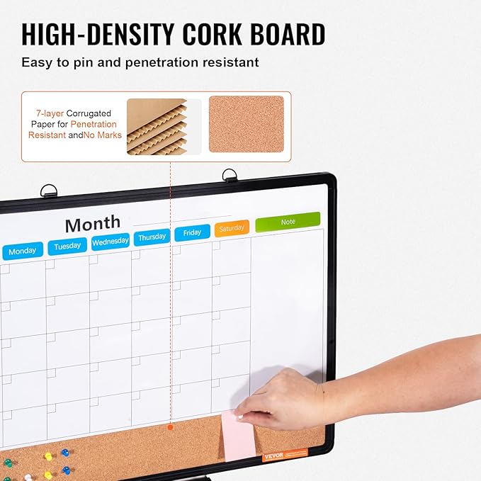 VEVOR 24"x 18" Monthly Calendar Whiteboard & Cork Board Combo with Aluminum Frame – 2-in-1 Magnetic Dry Erase Bulletin Board for Wall Mount – Ideal for School, Home, Office