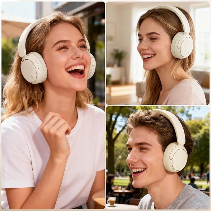 Bluetooth Headphones with Active Noise Cancelling (ANC), Wireless Over Ear Bluetooth Headsets with 35H Playtime, HiFi Stereo Foldable Headphones with Foam Ear Cups for Sports, Travel, Oil White
