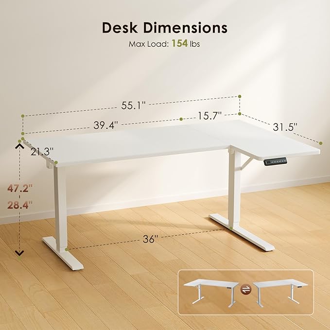 OffiGo Electric L Shaped Standing Desk, 55 Inches Height Adjustable Table, Reversiable Corner Stand Up Desk, Lifting Computer Table for Home Office, Computer Workstation, White