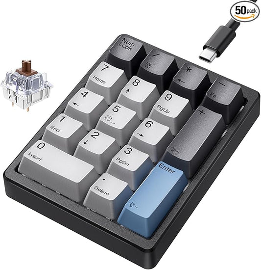 KN17 Wired Mechanical Number Pad- 17 Keys Hot Swappable Numpad with White Backlight& PBT Keycaps for Laptop PC Compact Keyboards (Black, Brown Switch)