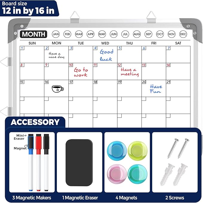 MaxGear Monthly Calendar Dry Erase Board for Wall, 16" x 12" Magnetic Calendar White Board, Small Double-Sided Whiteboard, Hanging Portable for Planning, Drawing, Memo, School, Home, Office