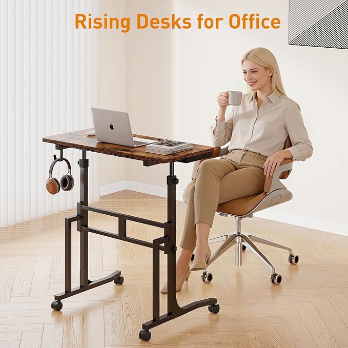 ikkle Standing Desk with Wheels, Adjustable Treadmill Desk, Rolling Bike Trainer Desk for Walking Pad Laptop, Phone Standing, Brown