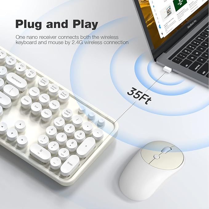 Wireless Keyboard and Mouse, Typewriter Full Size Keyboard with Number Pad and 2 in 1 USB Connected Mouse for Windows 7/8/10, Laptop, Desktop, PC, Computer (Off-White)