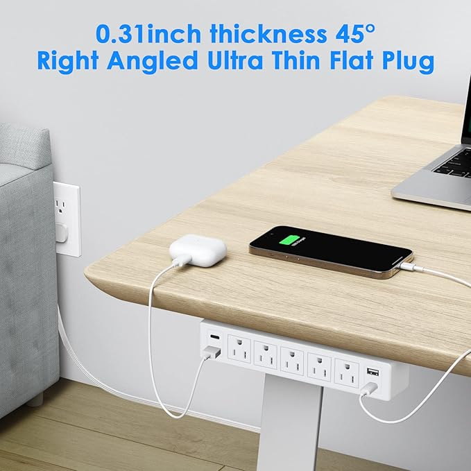 40W Under Desk Power Strip Mountable,20W USB-C Fast Charging Flat Plug Power Strip Surge Protector 1200J,9 in 1 Desk Outlet,5 Outlets,2 USB-C,2 USB-A,6FT Extension Cord White