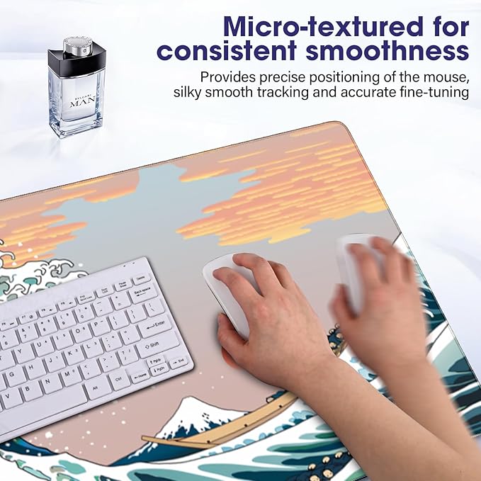 Japanese Sea Wave Large Gaming Mouse Pad – 35.4" x 15.7" Full Desk Mat, Non-Slip Rubber Base, Stitched Edges, Waterproof, Durable Surface for Esports, Office, Home