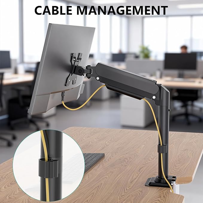 WALI Single Monitor Arm Mount for 13-27 inch Screens, Gas Spring Stand with Full Motion Tilt Swivel Rotation, Holds 19.8 lbs, VESA 75/100, C-Clamp & Grommet Mount (GSDM001S)