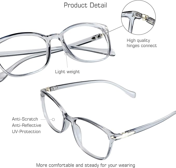 VisionGlobal Blue Light Blocking Glasses for Women Men, Stylish Square Frame(Clear Gray,No Magnification)
