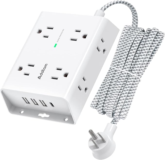 10Ft Long Surge Protector Power Strip, Addtam Extension Cord with 8 AC Outlets and 4 USB Ports(1 USB C), 3-Side Outlet Extender Strip, Flat Plug, Wall Mount, Dorm Home Office Essential, ETL Listed