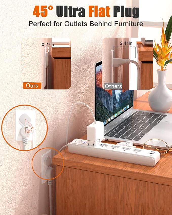 2 Prong Power Strip, 2 Prong to 3 Prong Outlet Adapter, 15ft Extension Cord with Polarized Plug, 1680J Surge Protector, 5 AC Outlets & 3 USB, Wall Mountable, Ideal for Non-Grounded Outlets