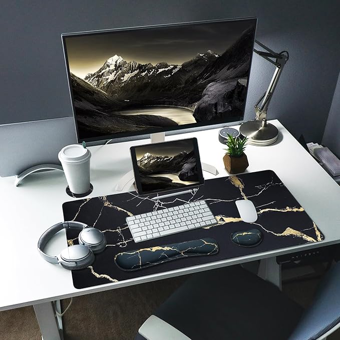 Bloss Gaming Mouse Pad Set, Large Desk Mat + Keyboard Wrist Rest + Mouse Wrist Support + Cup Coaster, Non-Slip Desk Pad, Computer Desk Accessories-Black Marble (35.4 x 15.7 Inches)