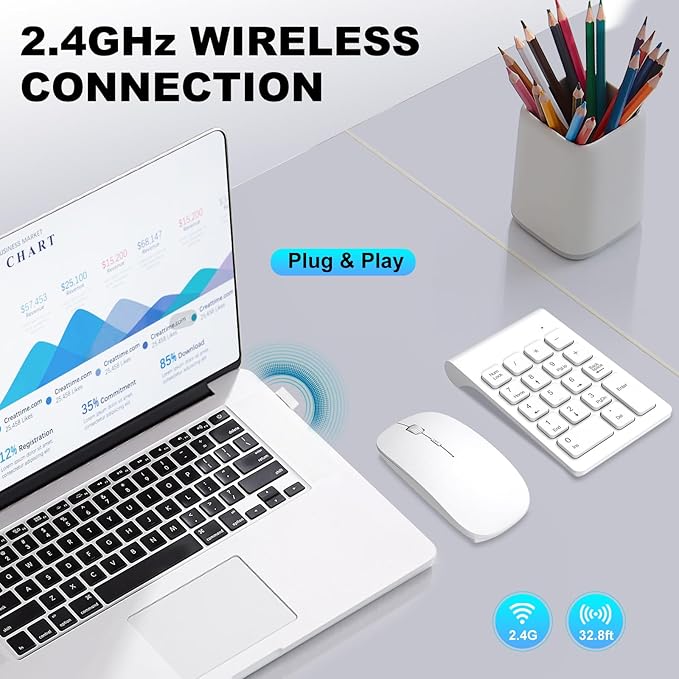 TRELC Wireless Numeric Keypad, Mini 2.4G 18 Keys Number Pad, Portable Silent Financial Accounting Numeric Keypad Keyboard Extensions with Wireless Mouse for Laptop, PC, Desktop, Notebook (White)